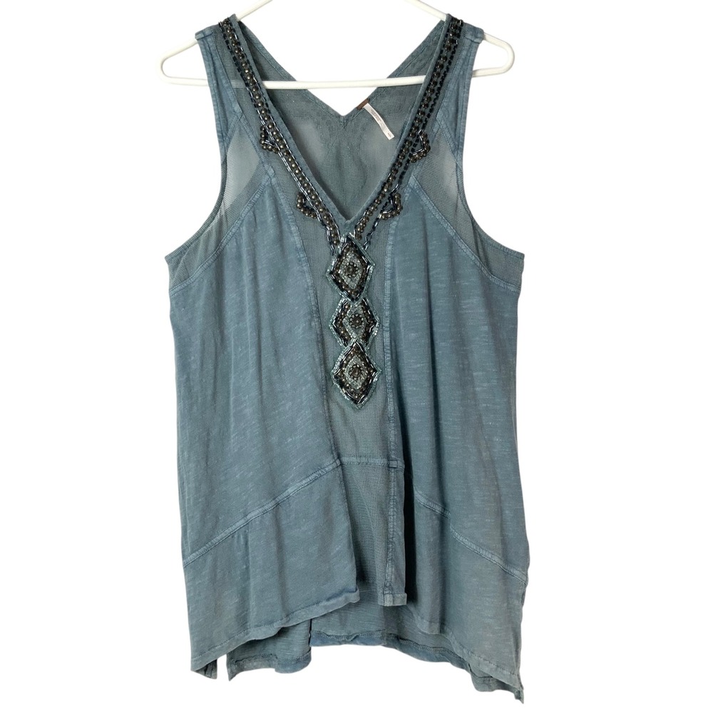 Free People Blue Mineral Wash Tank Top S Pullover V-Neck Sleeveless Beaded Mesh